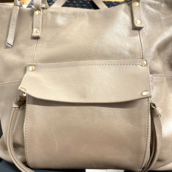 KOOBA Everette Large Leather Satchel Tote Bag Dark Beige Pockets Tassels Zippers - Picture 6 of 15